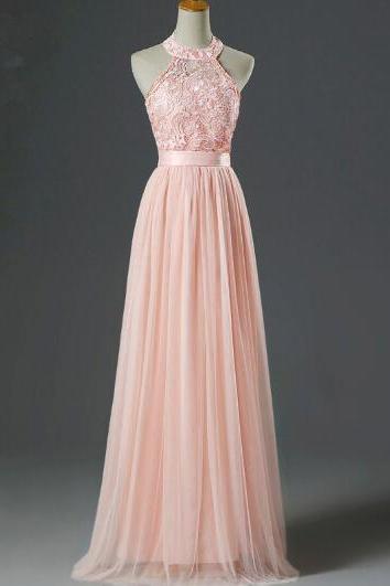 Cute Pink Halter Lace And Tulle Prom Dresses, Pink Party Dresses, Sweet 16 Dresses