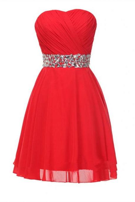 Red Chiffon Beaded Knee Length Prom Dresses, Red Homecoming Dresses, Teen Fashion Formal Dresses