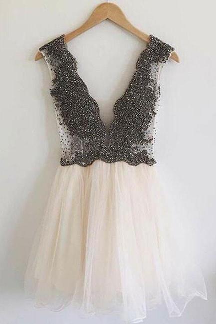 Lovely Black Beaded Custom Made Tulle Short Party Dresses, Tulle Homecoming Dresses, Sweet 16 Dresses