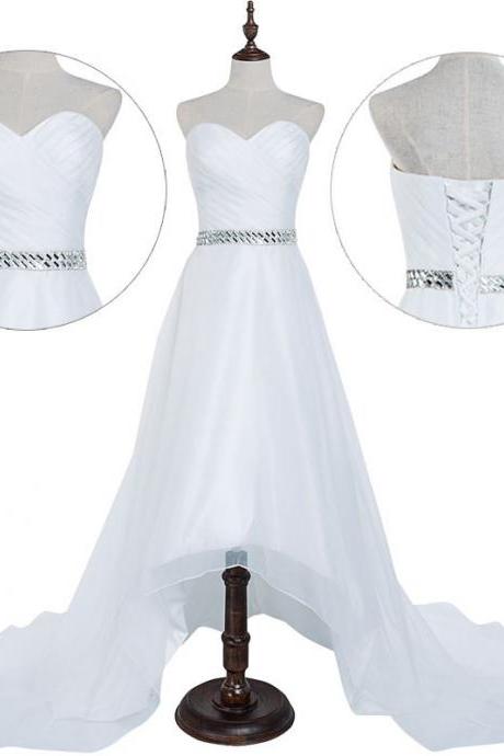 Pretty Sweetheart White High Low Beaded Simple Wedding Dresses, High Low Formal Gowns, Simple Wedding Party Dresses