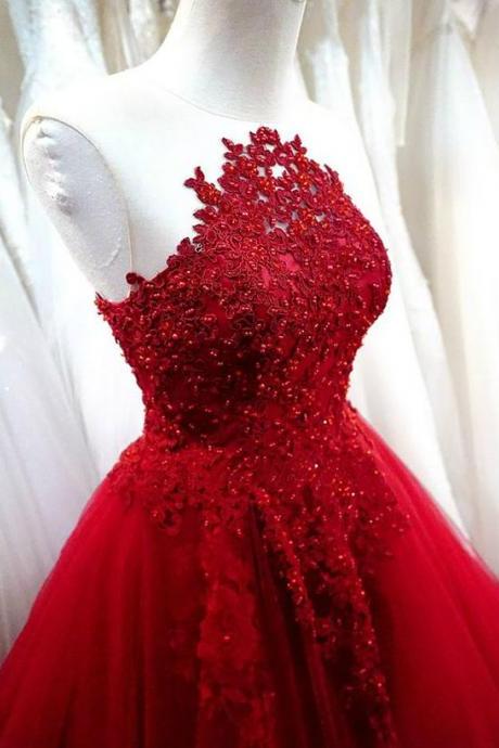 Beautiful Red Tulle Ball Gown Lace Applique And Beaded Long Prom Dresses, Sweet 16 Dresses, Red Party Gowns