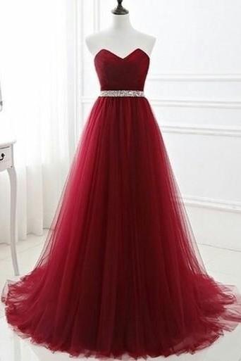 Gorgeous Wine Red Tulle Long Sweetheart Party Gowns, Floor Length Prom Dresses 2017, Formal Gowns