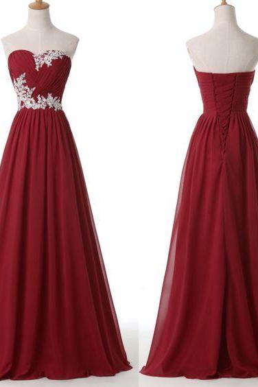Beautiful Chiffon Wine Red Sweetheart Lace Applique Party Gowns, Wine Red Party Dresses, Simple Prom Dresses