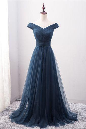Navy Blue Off Shoulder Tulle Long Party Dresses, Party Gowns, Evening Dresses Floor Length