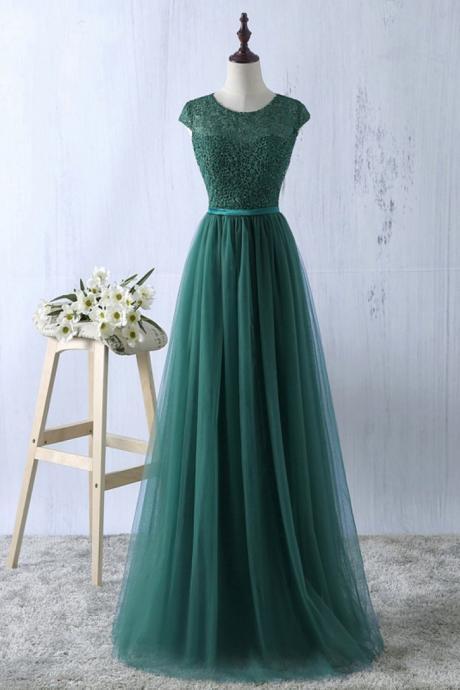 Elegant Dark Green Tulle and Lace top Round Neck Floor Length evening dresses ,simple formal dress, Dark Green Formal Gowns