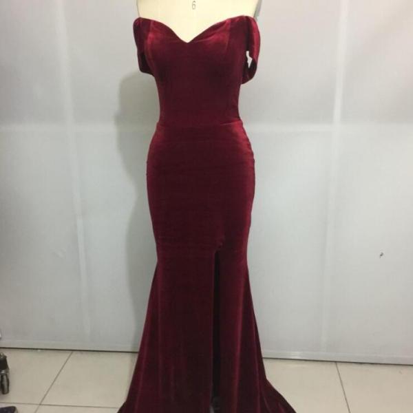 Shimmer Burgundy Velvet Off Shoulder Evening Prom Gown