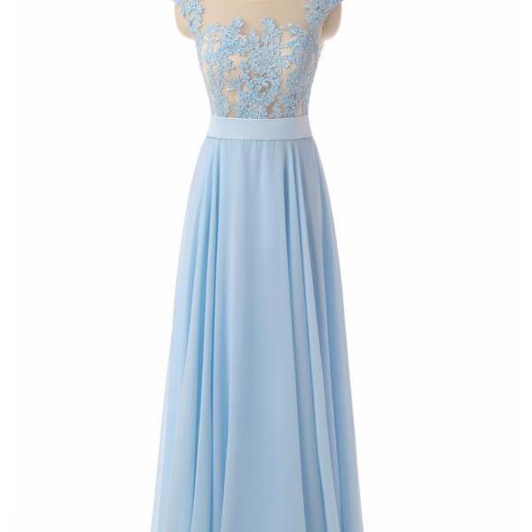 Light Blue Chiffon Long Lace Appliqués Senior Prom Dress, Light Blue ...
