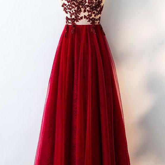 Dark Red Tulle A-line Formal Dress, Red Party Gowns, Prom Dress main image 1