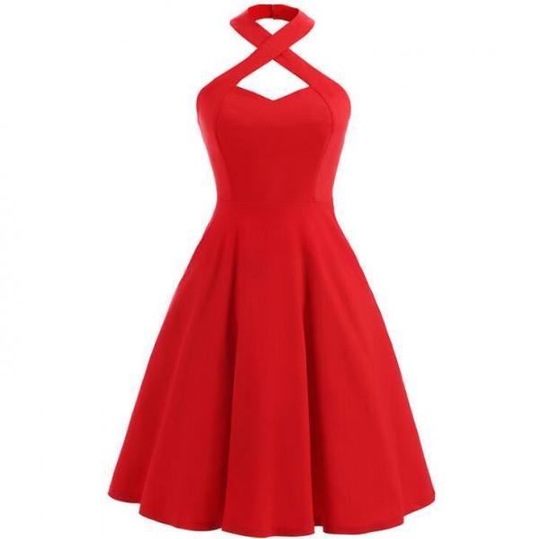 Red Halter Women Dresses, Vintage Style Tea Length Beautiful Dresses ...