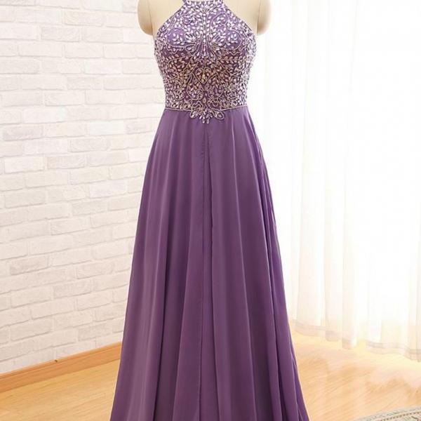 Purple Straps Beaded Floor Length Formal Dresses, Purple Party Dresses ...