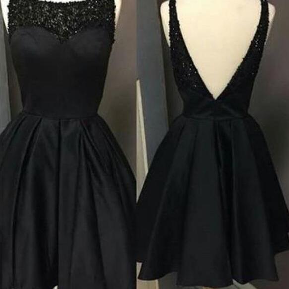 Short Satin Homecoming Party Gowns Backless Little Black Dress