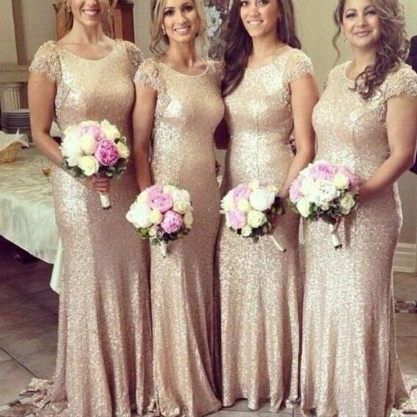 Sequins Long Bridesmaid Dresses, Gold Sequins Wedding Party Dresses, Prom Dresses