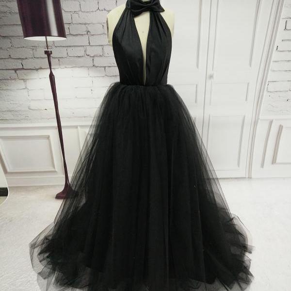 Black Tulle Party Dress With Halter Neckline, Sexy Formal Gowns, Black ...