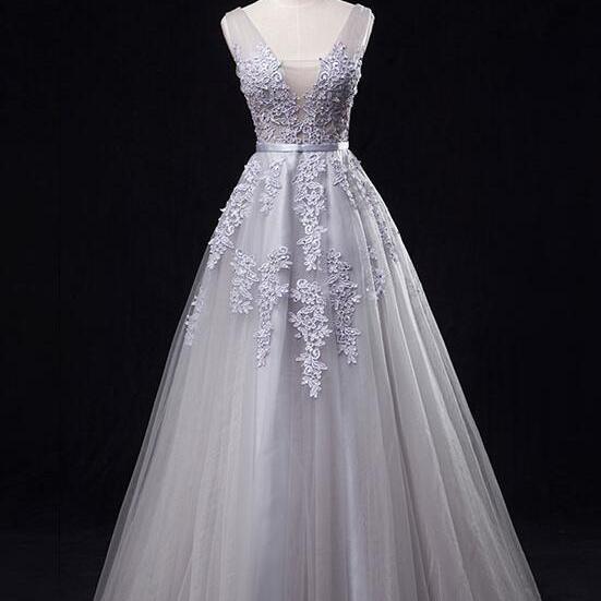 Grey Prom Dresses, Junior Party Dresses, Grey Long Tulle Formal Gowns