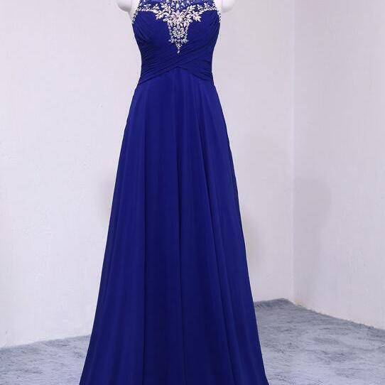 Royal Blue Beaded Halter Neckline Long Prom Dress, Royal Blue Formal ...