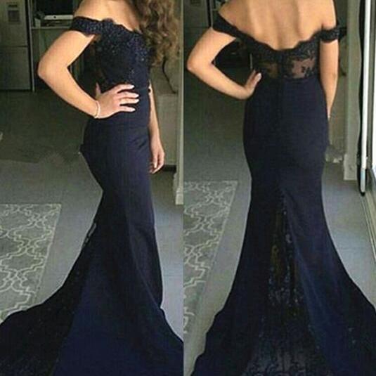 Navy Blue Off Shoulder Bridesmaid Dresses, Party Gowns, Charming Party ...