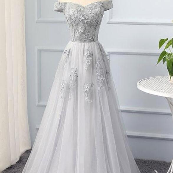 Grey Off Shoulder Straps Tulle with Lace Long Party Dress, Grey Formal Dress 2022