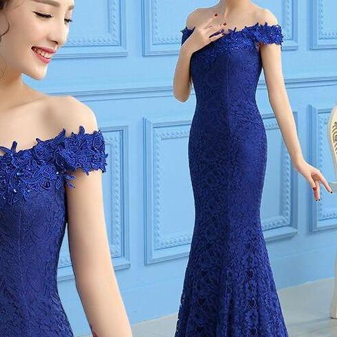 Royal Blue Lace Mermaid Off Shoulder Long Party Dress, Blue Party Gowns