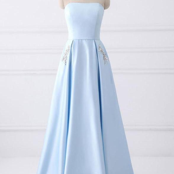 Light Blue Satin A-line Simple Long Formal Gowns, Light Blue Party ...