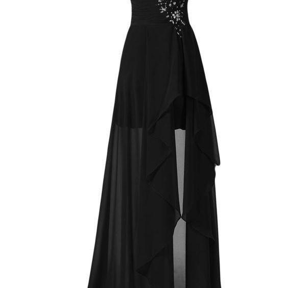 Simple Black High Low Slit Chiffon Elegant Evening Dress, Black Formal ...
