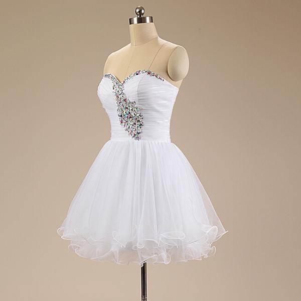 White Beaded Tulle Graduation Party Dress, White Graduation Party