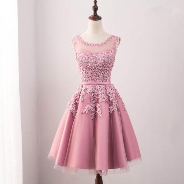 Pink Round Neckline Tulle Beaded Lace Applique Homecoming Dress, Pink ...