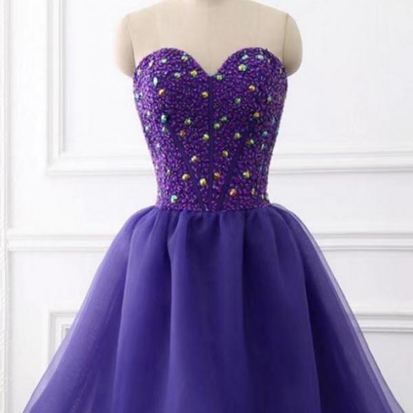 Dark Purple Sweetheart Organza Knee Length Beaded Formal Dress, Purple ...