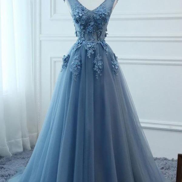 Beautiful Blue Tulle Prom Dress 2019, Long Party Gowns, Prom Dresses ...