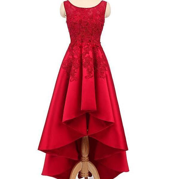 Red Satin High Low Round Neckline Party Dress 2019, Beautiful Red