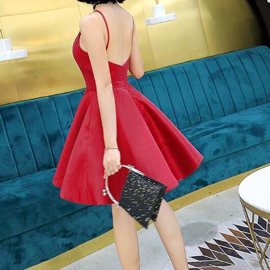 Red Satin V Neck Straps Short Prom Dress Homecoming Dress OP189 main image 0
