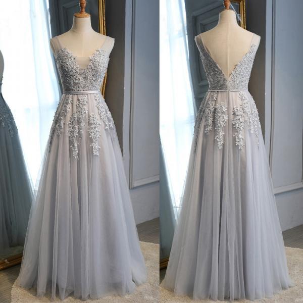 Shiny Beaded V-neckline Grey Long Low Back Floor Length Party Dress, Grey Evening Dress Prom Dresses