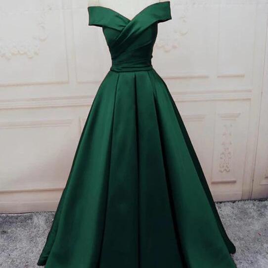 Charming Dark Green Satin Off Shoulder Long Formal Gown, Prom Dress on ...