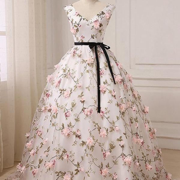 Beautiful V-neckline Flowers Long Sweet 16 Dress, Long Party Dress 