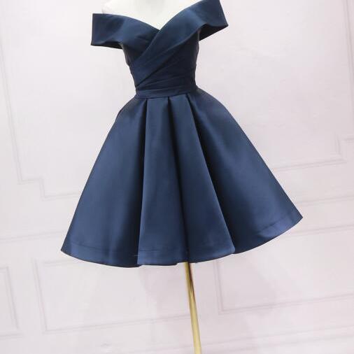 Elegant Knee Length Navy Blue Satin Knee Length Party Dress, Blue Homecoming  Dress on Luulla
