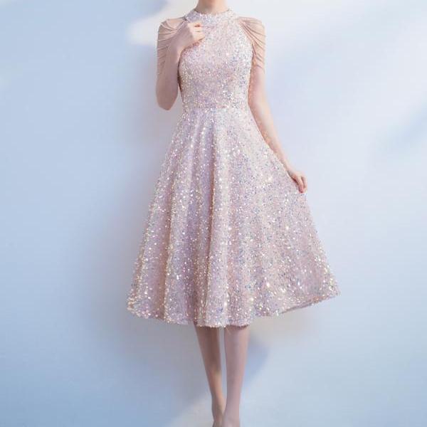 Shiny Pink Round Neck Sequins Long Sleeves Short Formal Dress main image 1