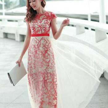 Pretty Long Chiffon Dress with Embroidery, Chiffon Party Dress, Fashionable Dresses for Party, Summer Dresses 2014
