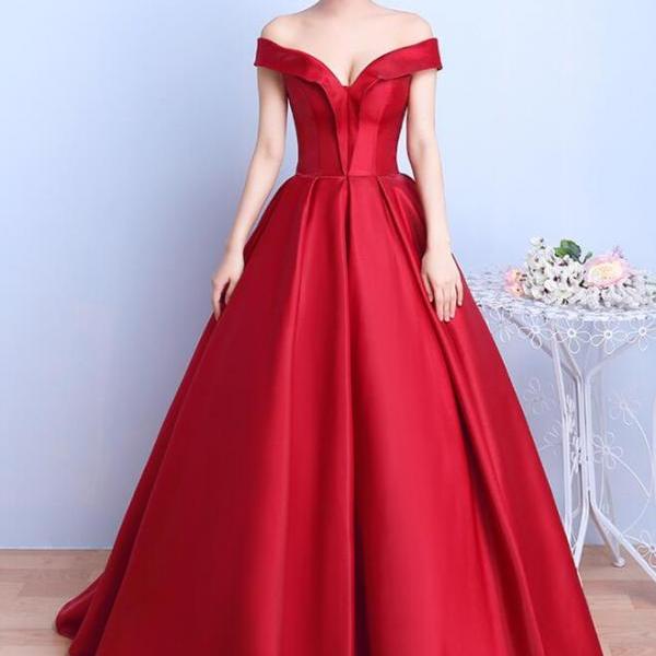 Dark Red Lace Red Ball Gown Off Shoulder Gorgeous Red Satin Sweetheart Off  Shoulder Long Formal