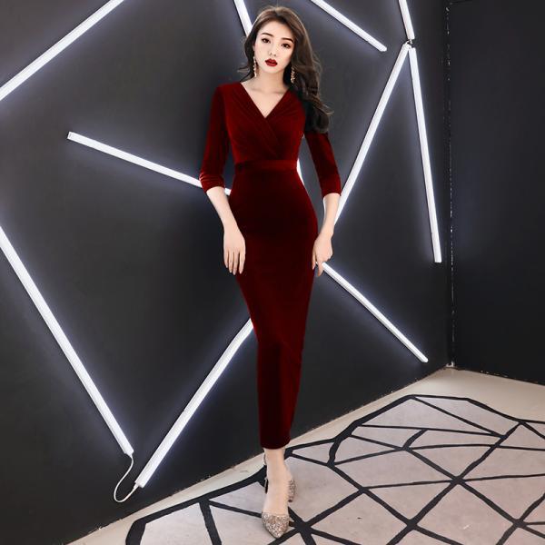 Elegant Wine Red Velvet Floor Length Party Dress, A-line Velvet ...