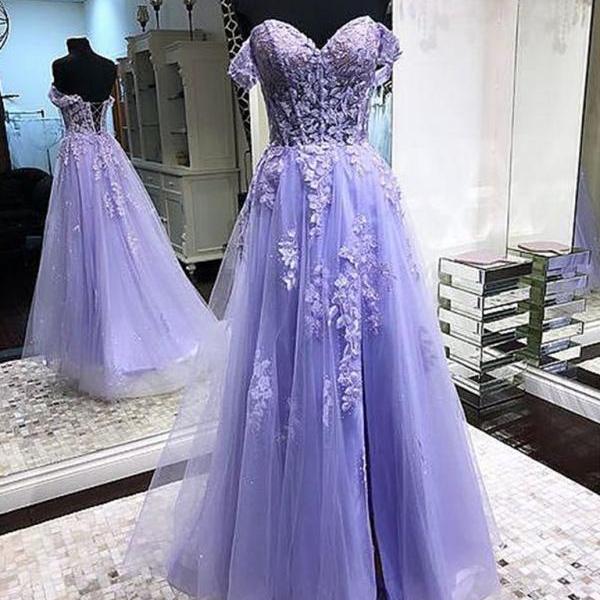 Glam Off Shoulder Lavender Lace Long Prom Dresses, Lilac Lace Formal ...