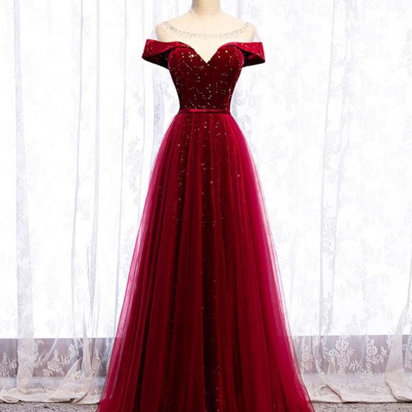 Beatufiul Wine Red Tulle with Velvet Long Party Dress, Dark Red Formal Dress Prom Dress