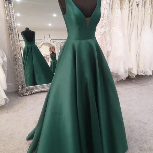 Dark Green Satin V-neckline Floor Length Simple Party Dress, Green Junior Prom Dresses