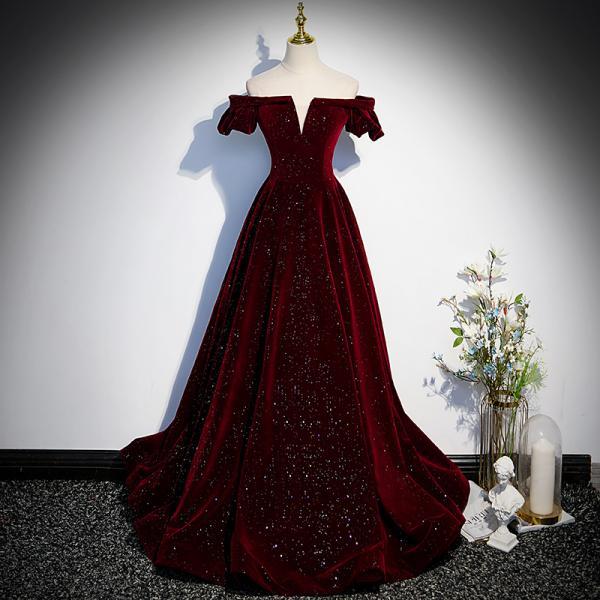 Wine Red Velvet Off Shoulder Sweetheart Long Party Dress, Burgundy Evening Dresses