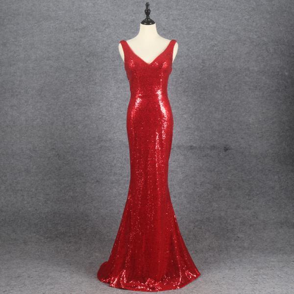 Red Sequins Mermaid Low Back Long Evening Dress Party Dress, Red Bridesmaid Dresses