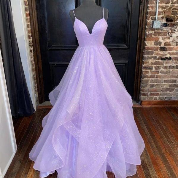 Light Purple Straps Shiny Tulle Layers Long Prom Dress, A-line Wedding Party Dresses Formal Dress
