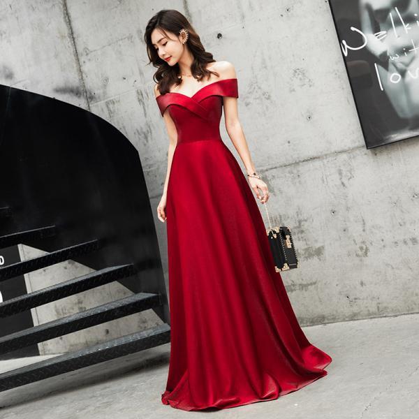 Red Off Shoulder A-line Shiny Satin Evening Dress Prom Dress, Red Simple Party Dresses