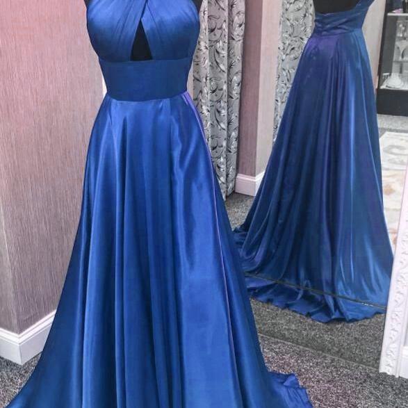 Blue Satin Halter Backless Floor Length Party Dress, Blue Evening Dress Prom Dress