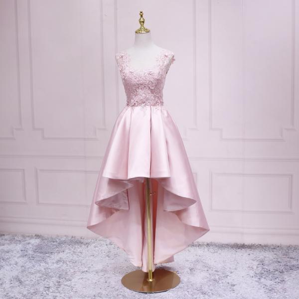 Pink Satin High Low Party Dress with Lace, High Low Prom Dress Formal Dresses