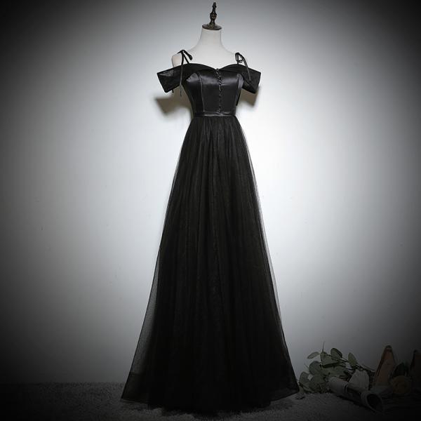 Lovely Black Off Shouldr A-Line Satin With Tulle Prom Dress, Black Evening Dresses Bridesmaid Dresses