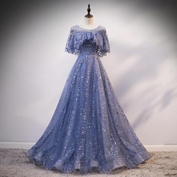 Charming Blue Shiny Tulle And Lace Long Formal Gown, Blue A-line Off ...