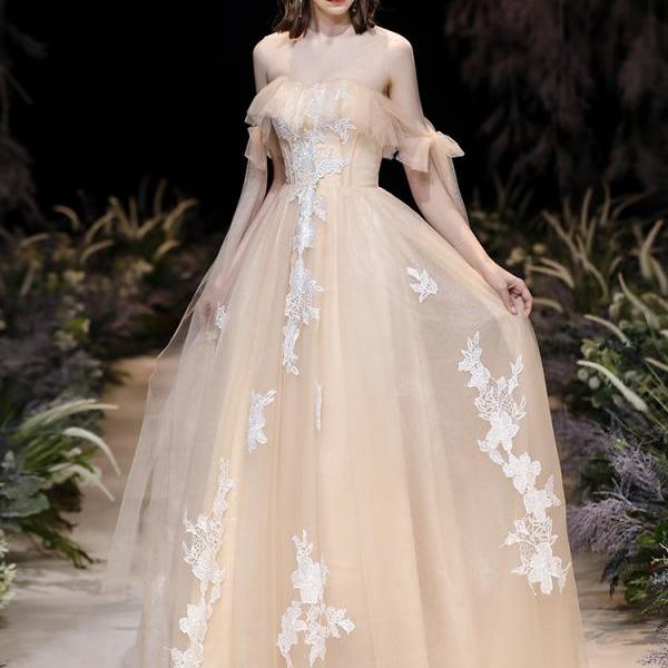 Champagne Lace Off Shoulder Long Party Dress 2022, Cute Tulle Formal Dress Prom Dress